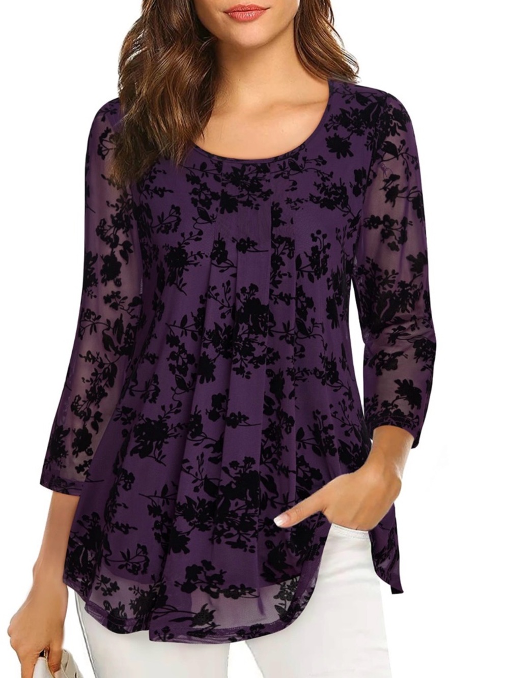 Valolia Purple Floral Scoop Neck Top with Mesh Sleeves